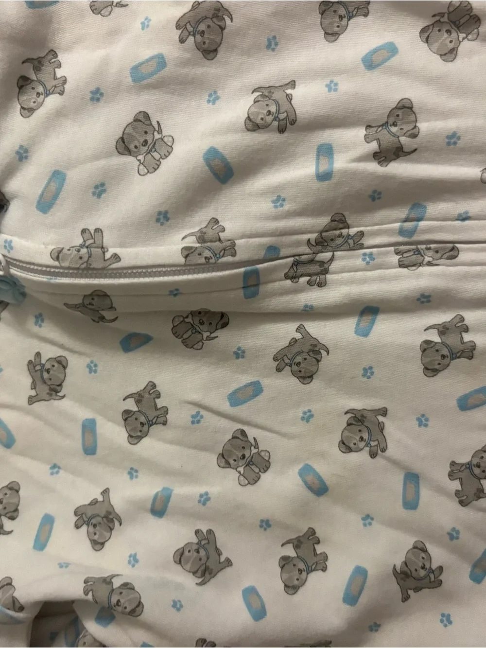 Magnolia Baby White Sleep Zip Romper with Light Blue Trim puppy 6 months
